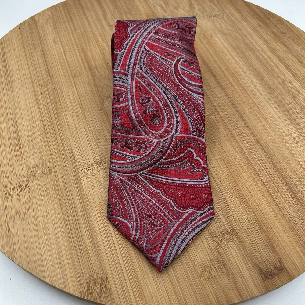 Tasso Elba Men's 100% Silk Tie ~ Red ~Blue Metallic Paisley Pattern Hand Made!